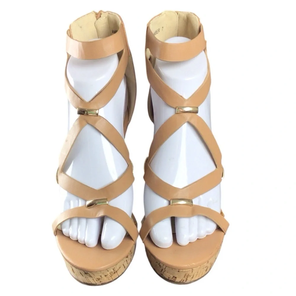 Pink Key Tan Strappy Cork Wedge Sandals size 7